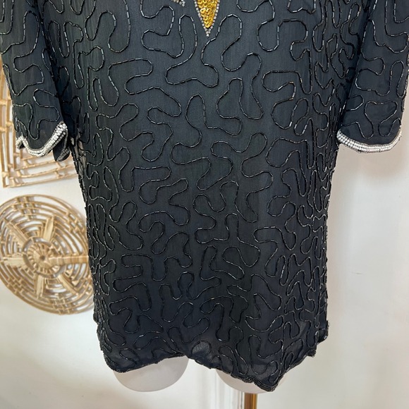 Vintage Laurence Kazar Black Silk Beaded Sequin Evening Blouse Party Top Size S - Picture 3 of 10